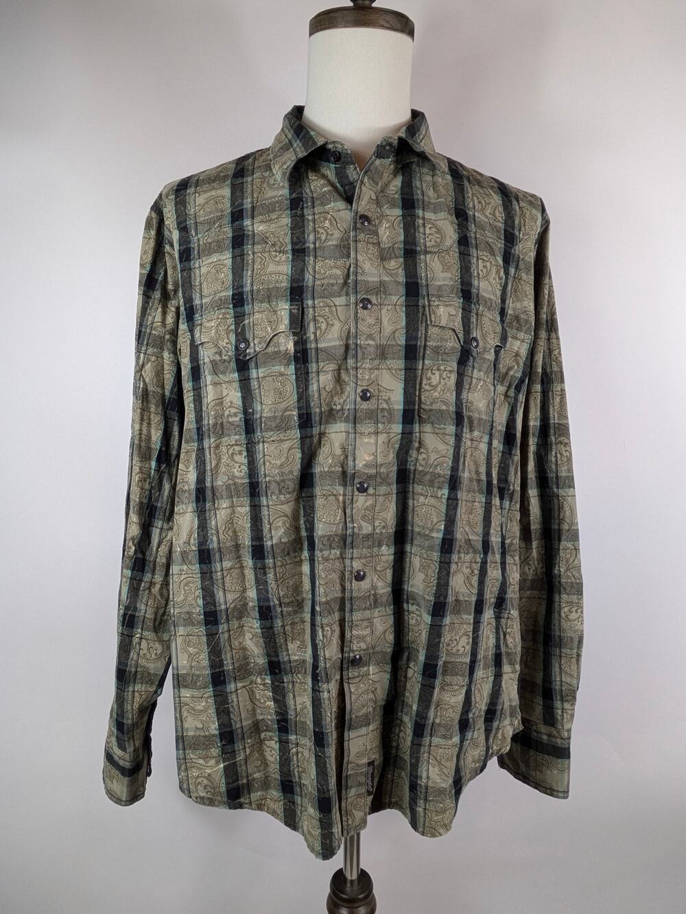 Wrangler Retro Mens XL Shirt Black Pearl Snap Paisley Plaid Button Up Pocket Top